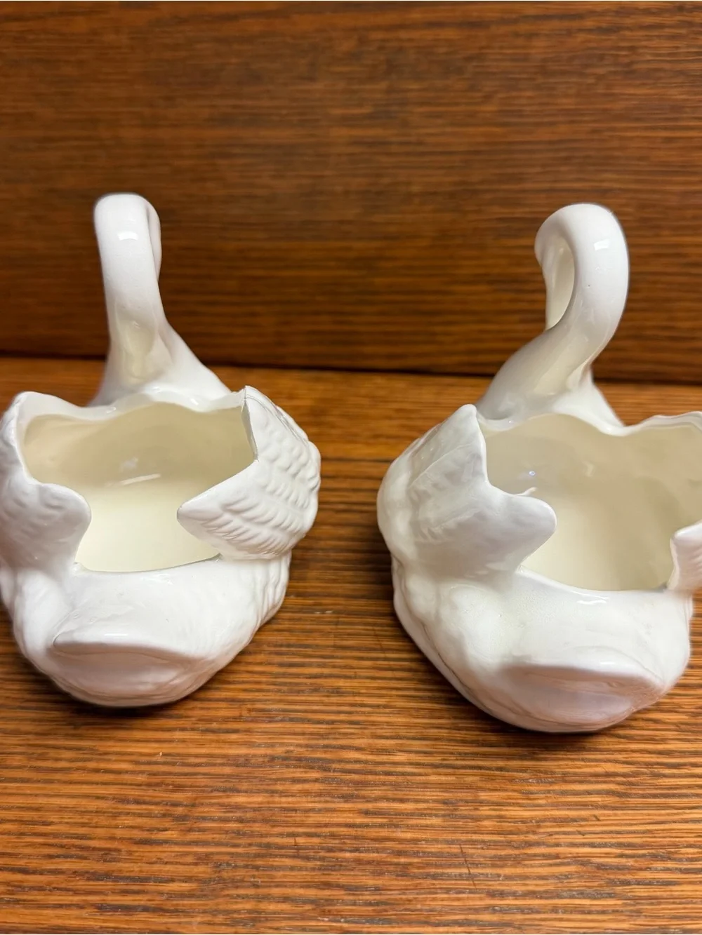 White Ceramic Swan Planter Pair Cottagecore Handmade
